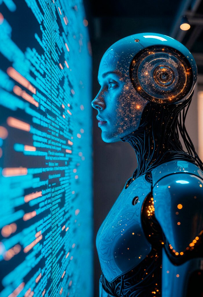 Início ai robot gazing code futuristic cyberpunk vision